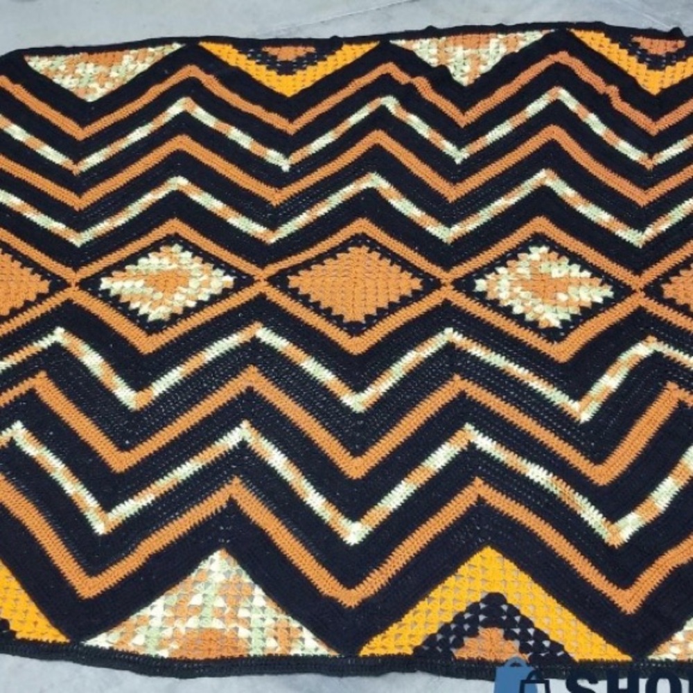 Handmade Grannycore Crochet Chevron Blanket in Black and Orange